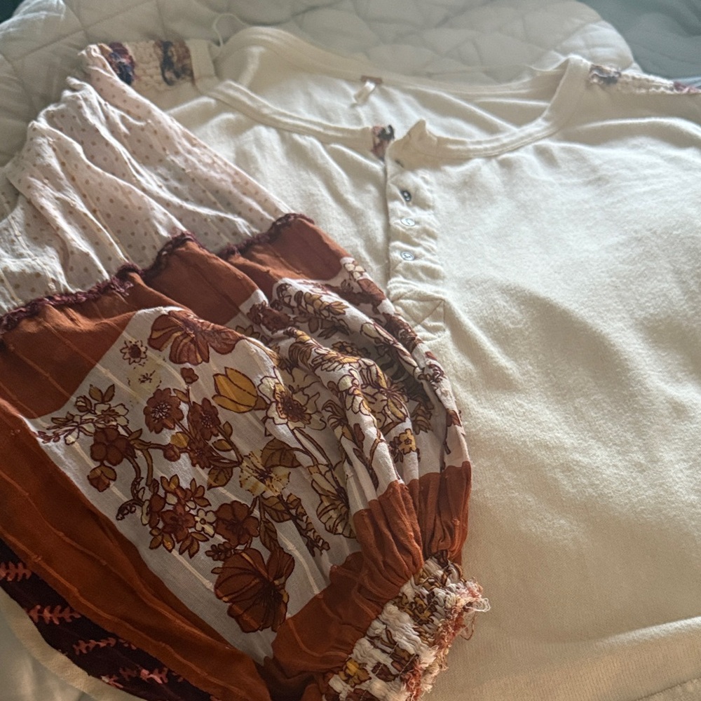 Free People Cream and Brown Long Sleeve Top
